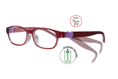 Side view of eyeglasses featuring flexible temples and included accessory for comfort and convenience.