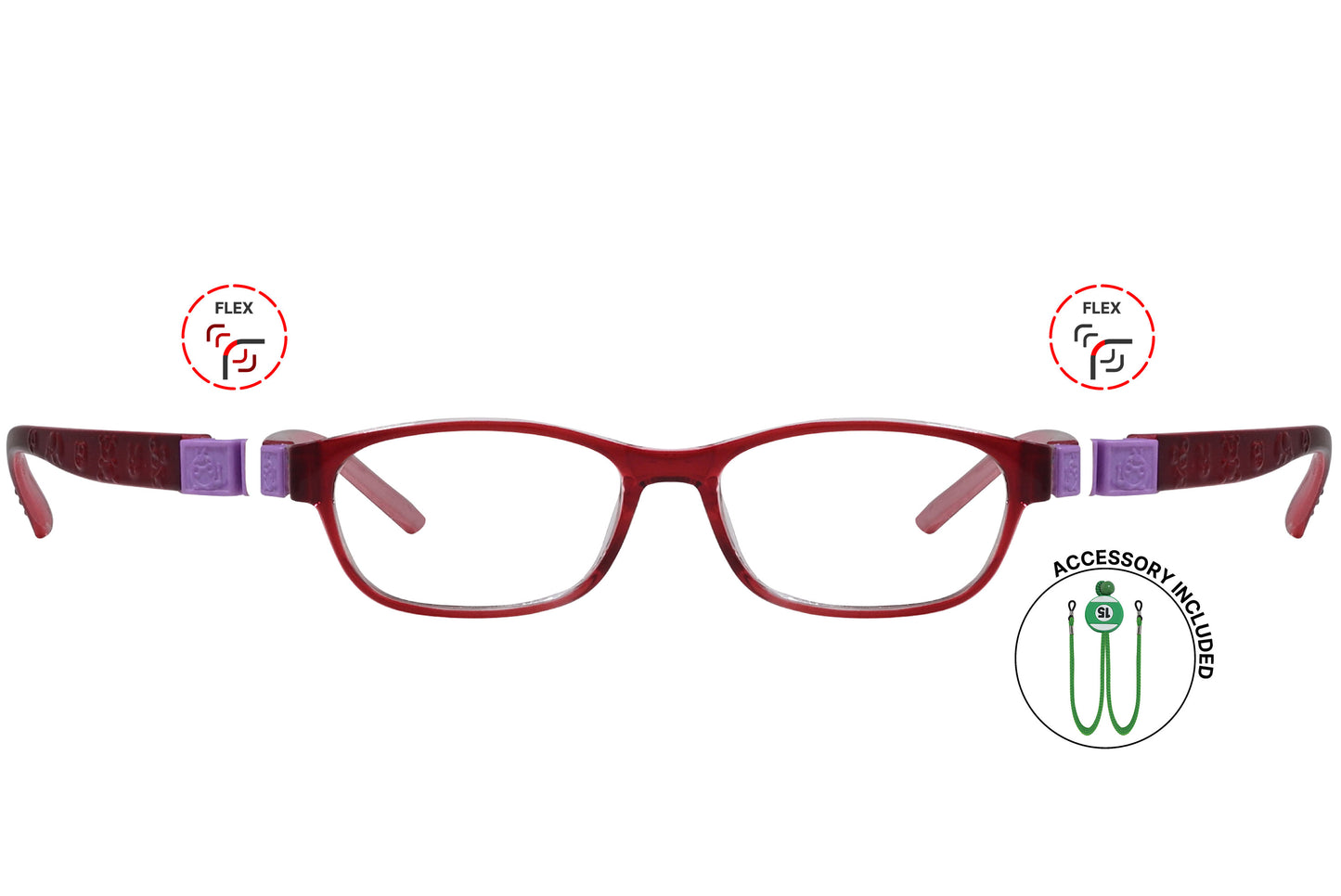 Front view of eyeglasses featuring flexible temples and included accessory for comfort and convenience.