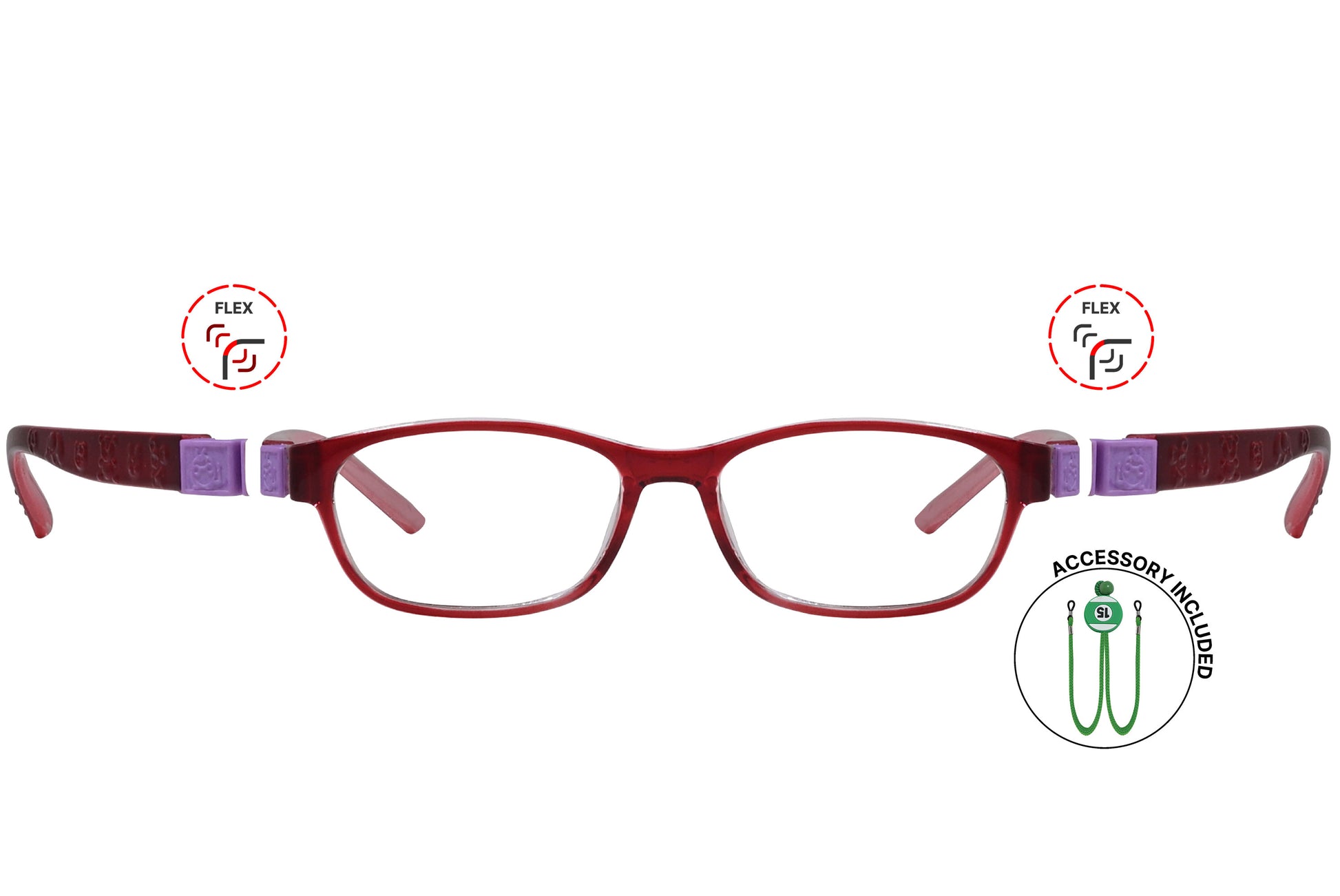 Front view of eyeglasses featuring flexible temples and included accessory for comfort and convenience.