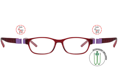 Front view of eyeglasses featuring flexible temples and included accessory for comfort and convenience.