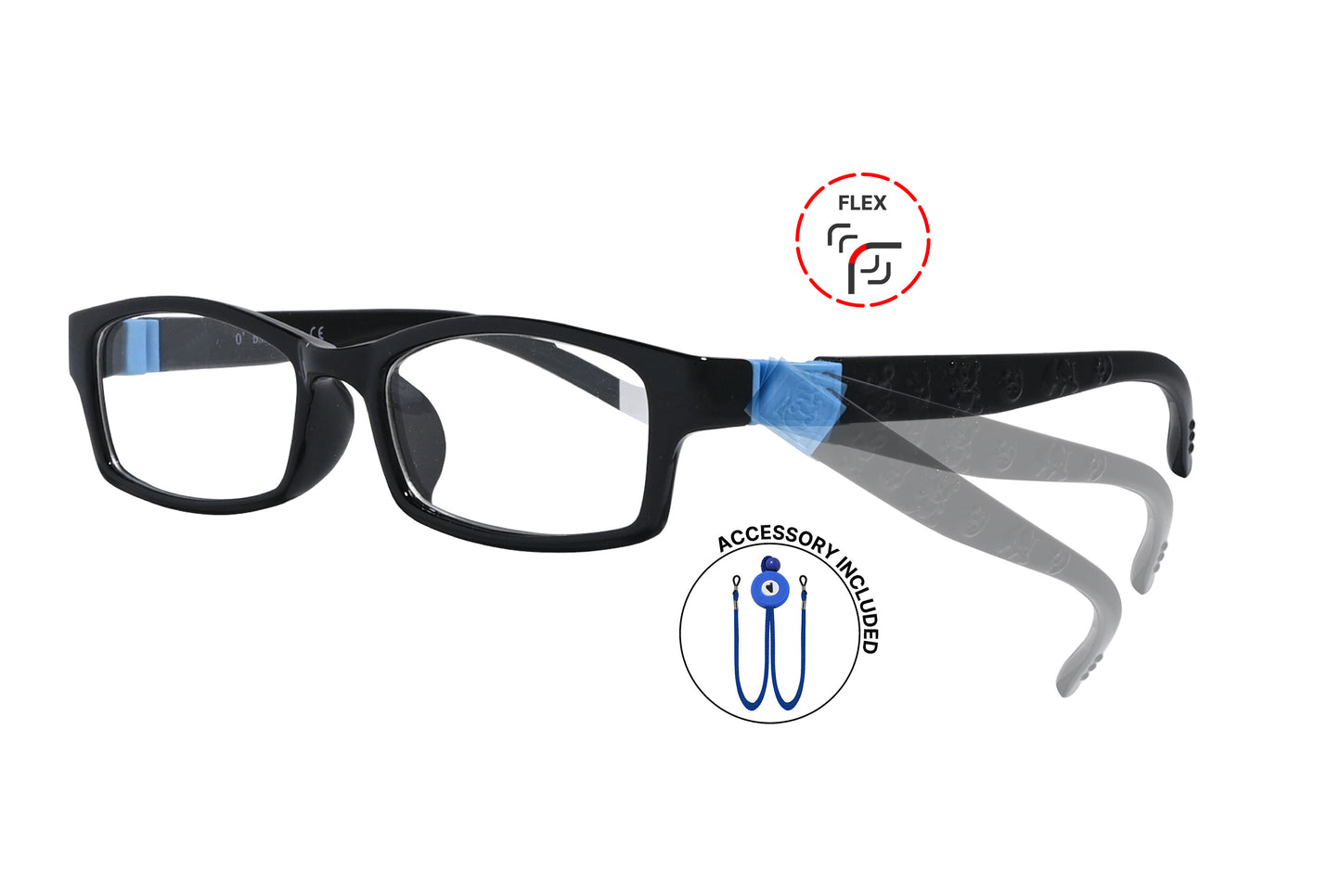 Side view of eyeglasses featuring flexible temples and included accessory for comfort and convenience.