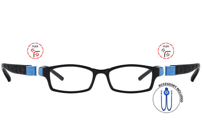 Front view of eyeglasses featuring flexible temples and included accessory for comfort and convenience.