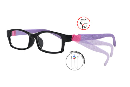 Side view of eyeglasses featuring flexible temples and included accessory for comfort and convenience.