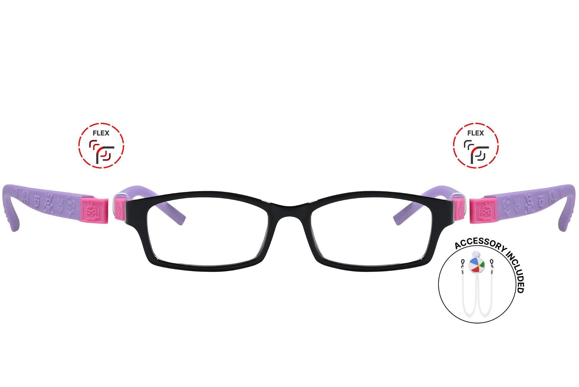 Front view of eyeglasses featuring flexible temples and included accessory for comfort and convenience.