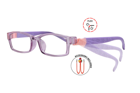 Side view of eyeglasses featuring flexible temples and included accessory for comfort and convenience.