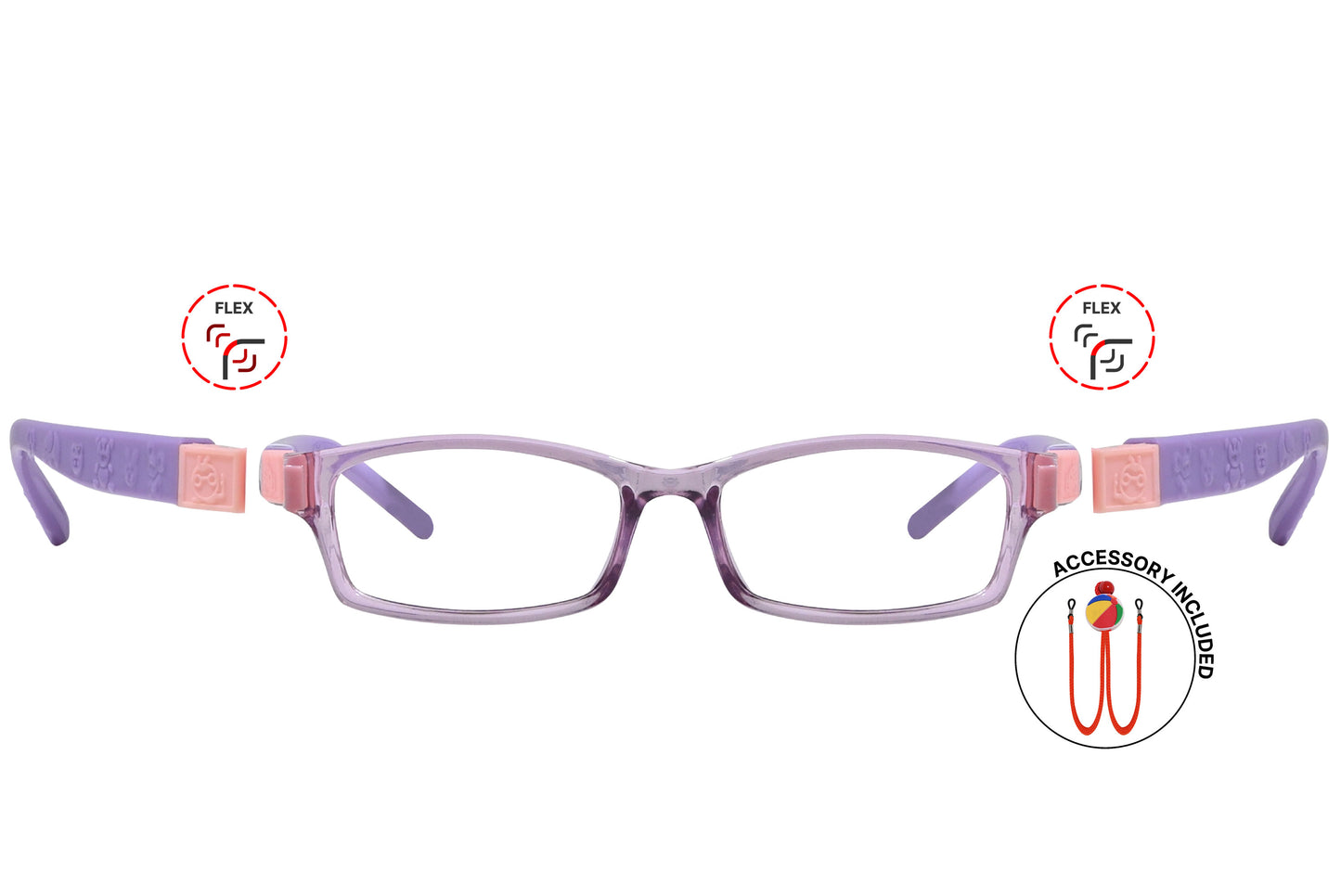 Front view of eyeglasses featuring flexible temples and included accessory for comfort and convenience.