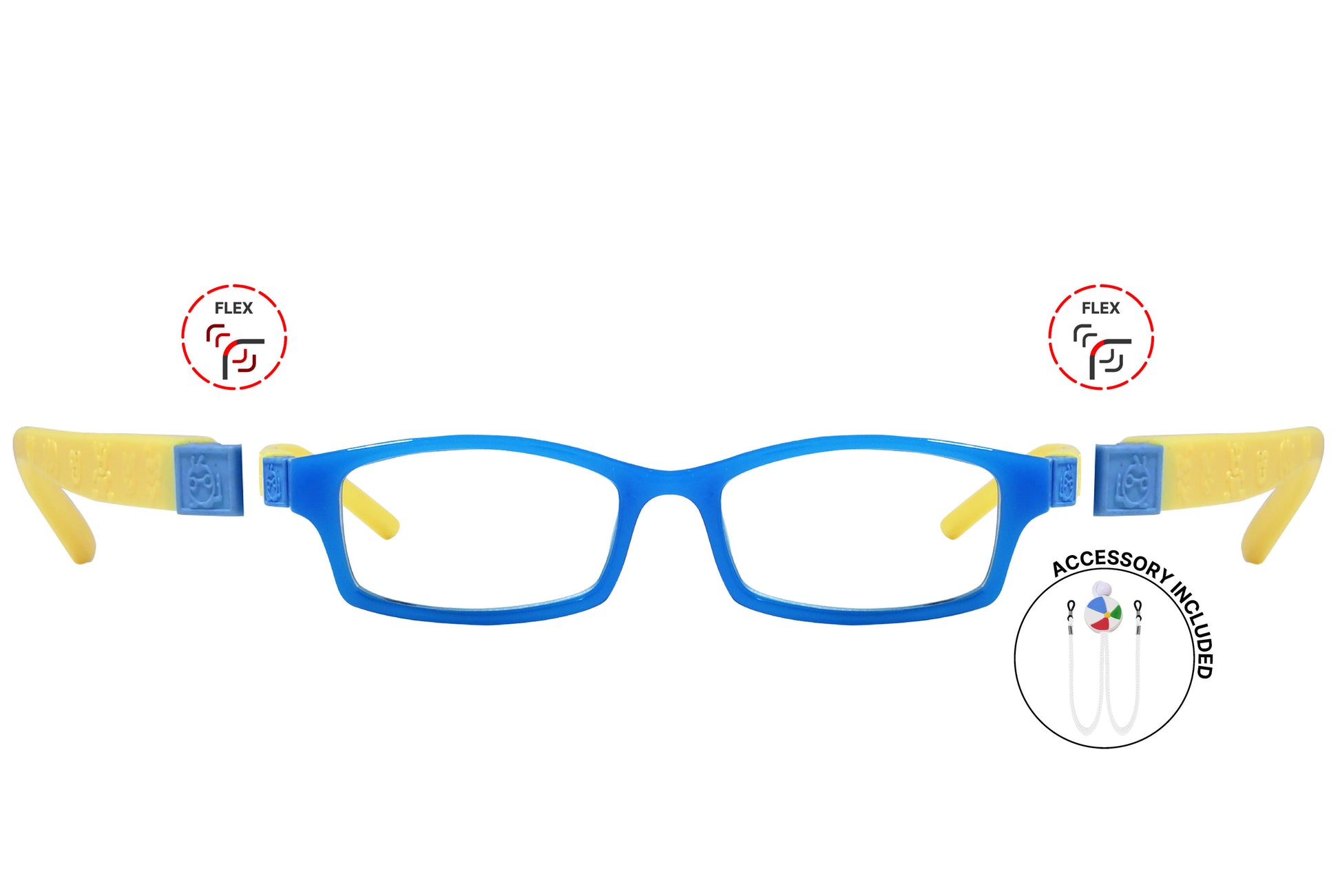 Front view of eyeglasses featuring flexible temples and included accessory for comfort and convenience.