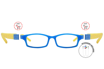 Front view of eyeglasses featuring flexible temples and included accessory for comfort and convenience.