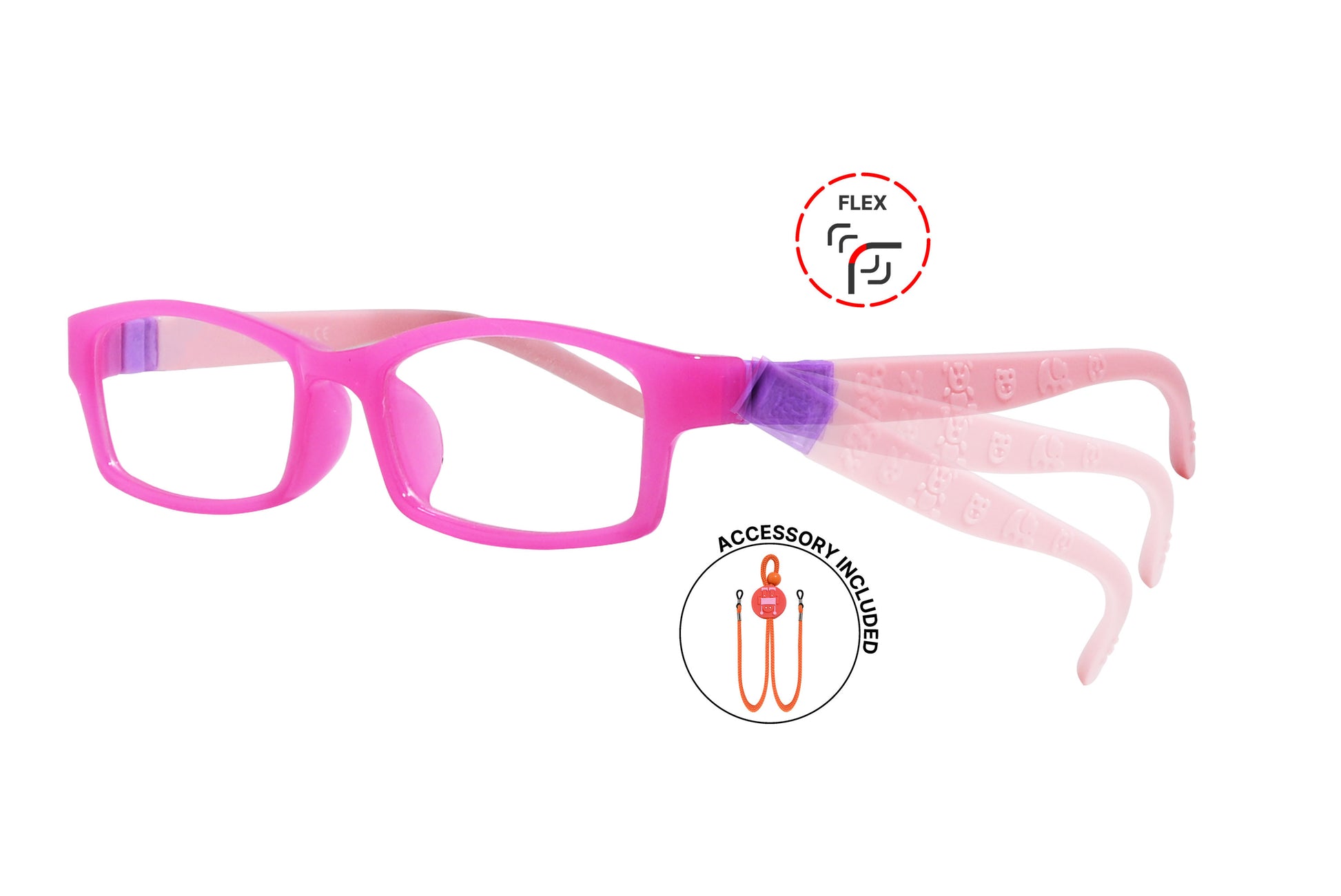 Side view of eyeglasses featuring flexible temples and included accessory for comfort and convenience.