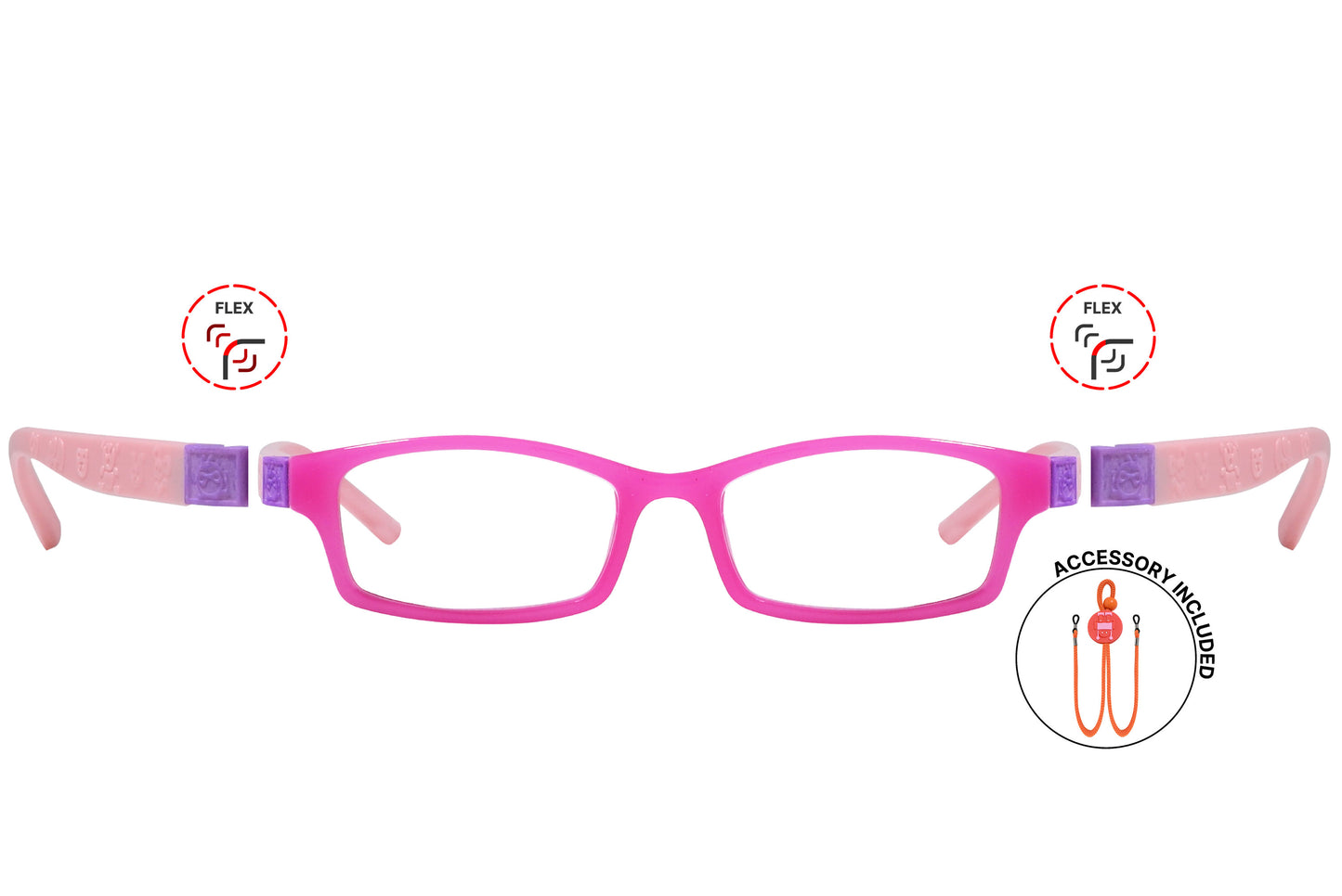 Front view of eyeglasses featuring flexible temples and included accessory for comfort and convenience.