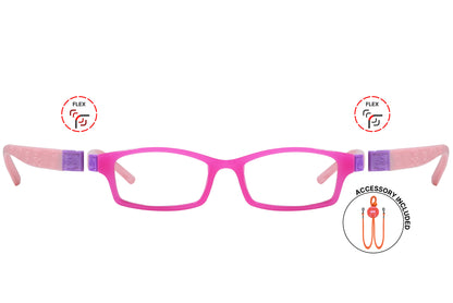 Front view of eyeglasses featuring flexible temples and included accessory for comfort and convenience.