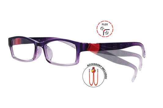 Side view of eyeglasses featuring flexible temples and included accessory for comfort and convenience.