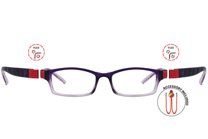 Front view of eyeglasses featuring flexible temples and included accessory for comfort and convenience.