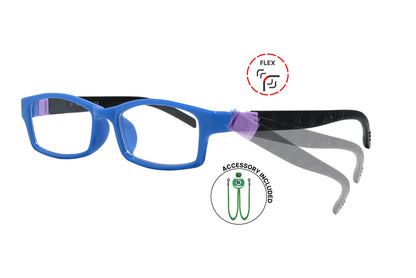 Side view of eyeglasses featuring flexible temples and included accessory for comfort and convenience.