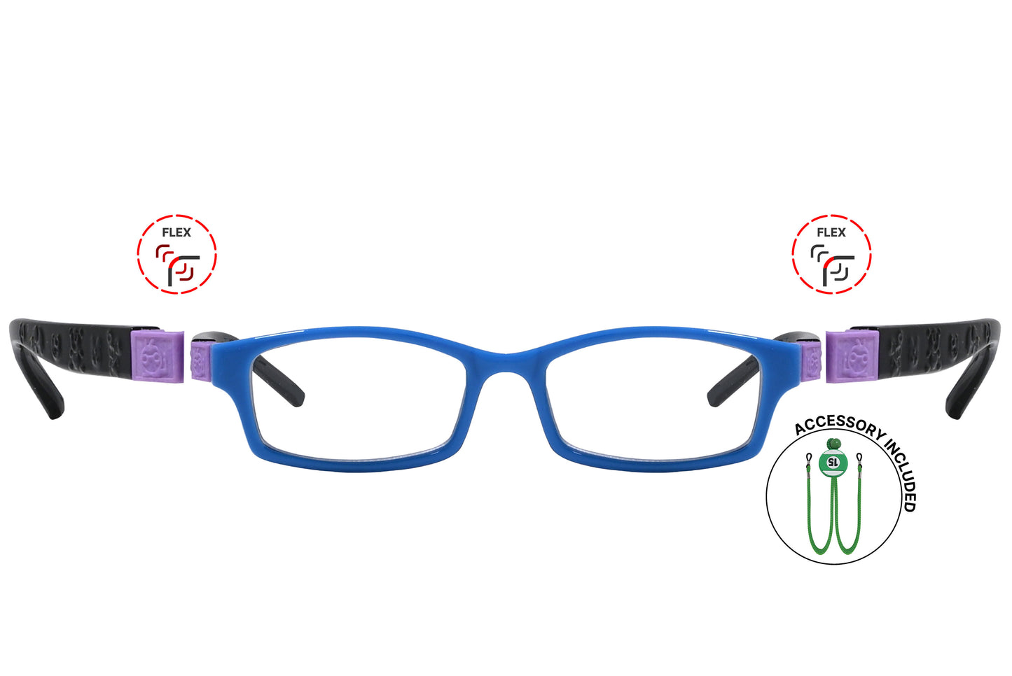 Front view of eyeglasses featuring flexible temples and included accessory for comfort and convenience.