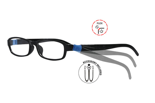 Side view of eyeglasses featuring flexible temples and included accessory for comfort and convenience.