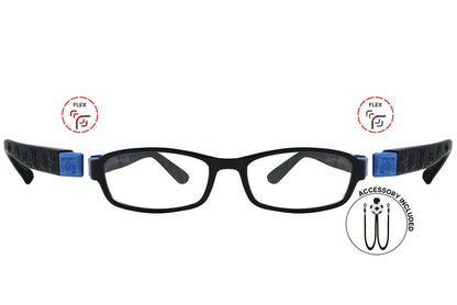 Front view of eyeglasses featuring flexible temples and included accessory for comfort and convenience.