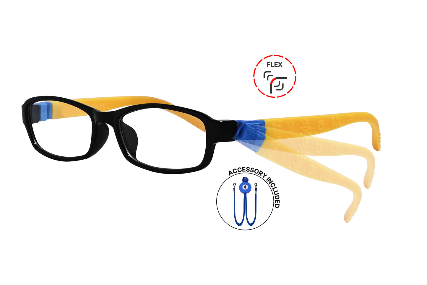 Side view of eyeglasses featuring flexible temples and included accessory for comfort and convenience.