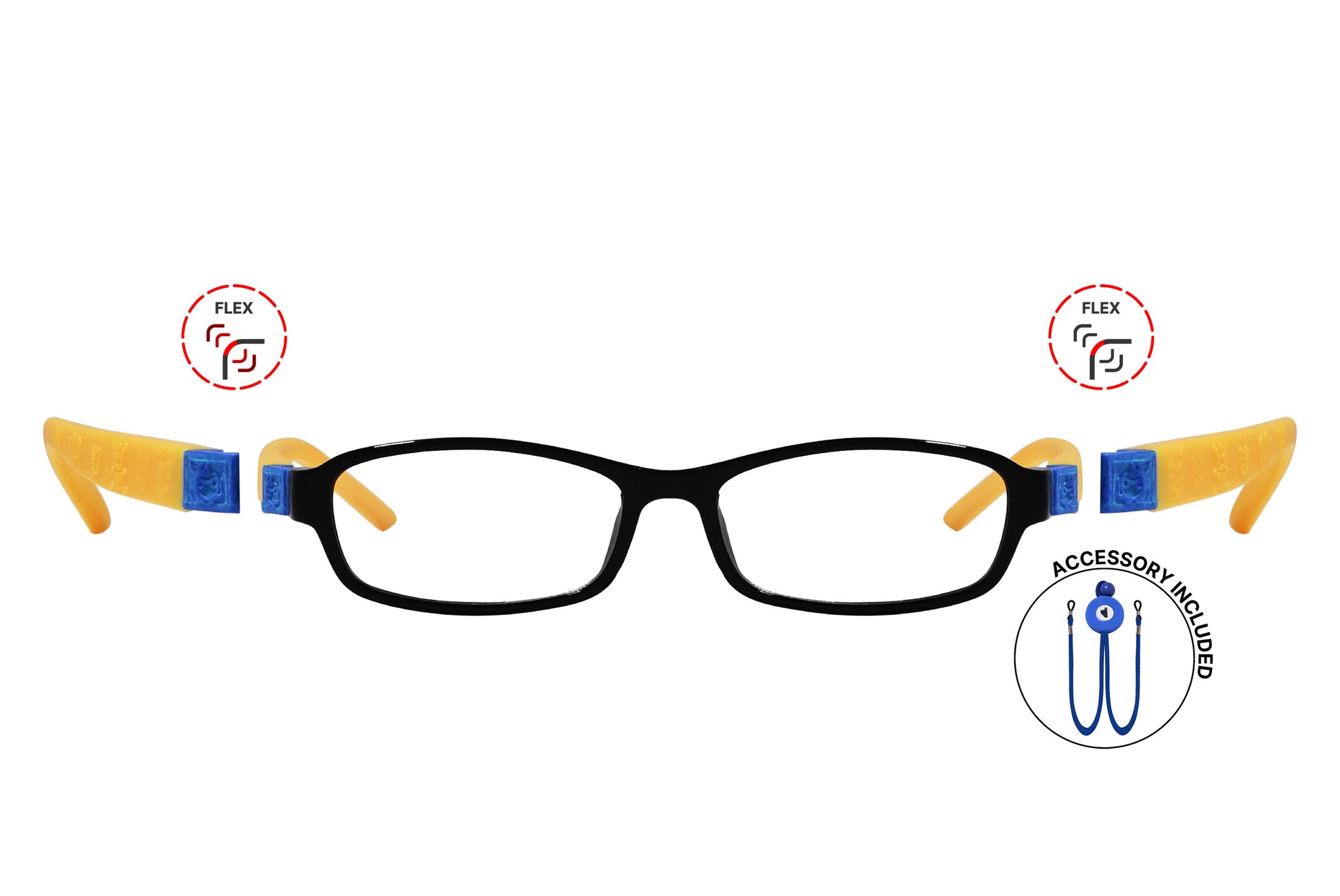 Front view of eyeglasses featuring flexible temples and included accessory for comfort and convenience.