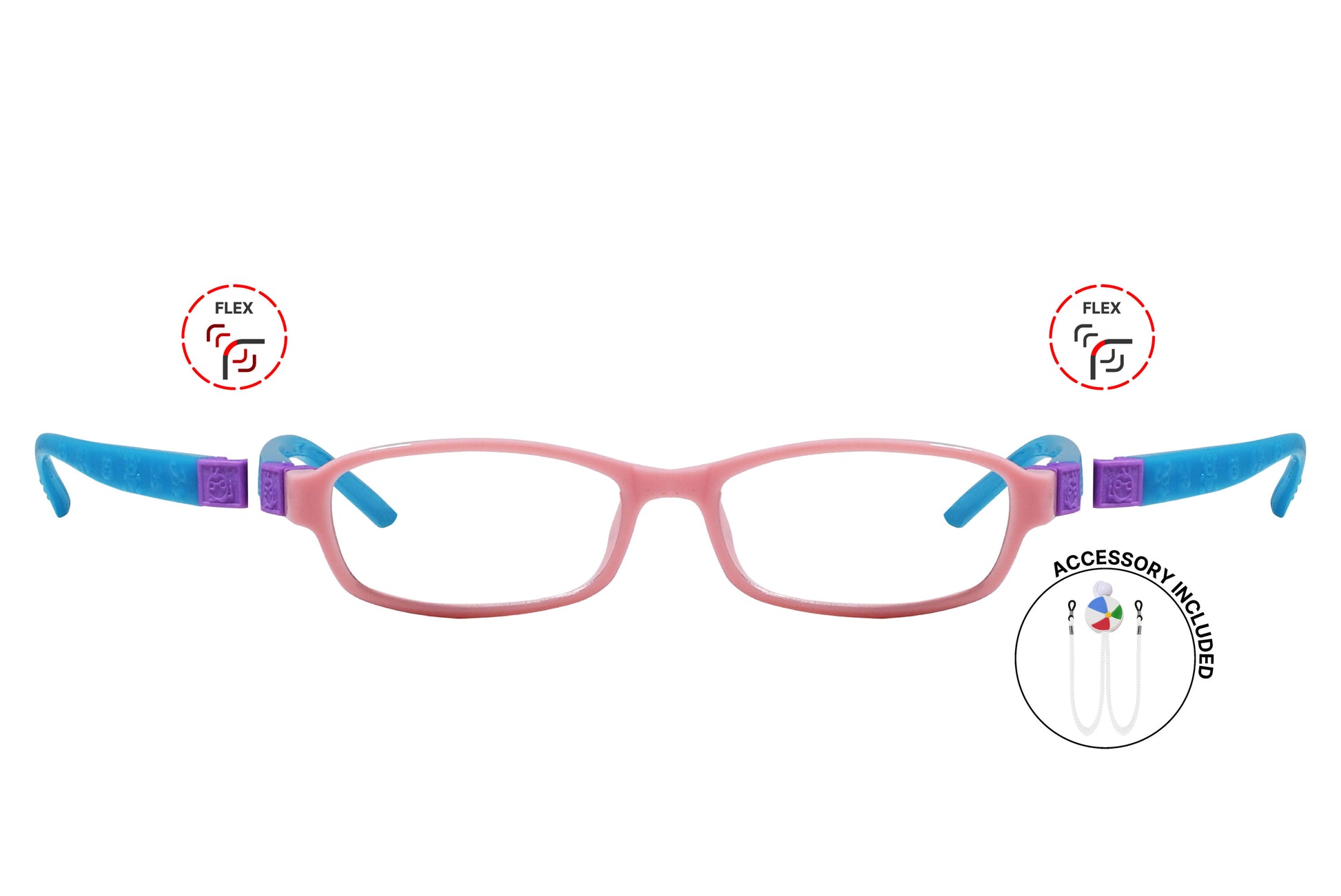 Front view of eyeglasses featuring flexible temples and included accessory for comfort and convenience.