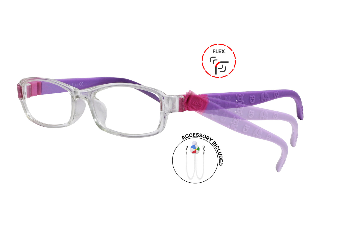 Side view of eyeglasses featuring flexible temples and included accessory for comfort and convenience.