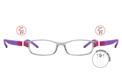 Front view of eyeglasses featuring flexible temples and included accessory for comfort and convenience.