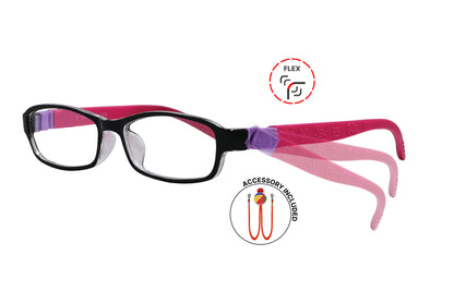 Side view of eyeglasses featuring flexible temples and included accessory for comfort and convenience.