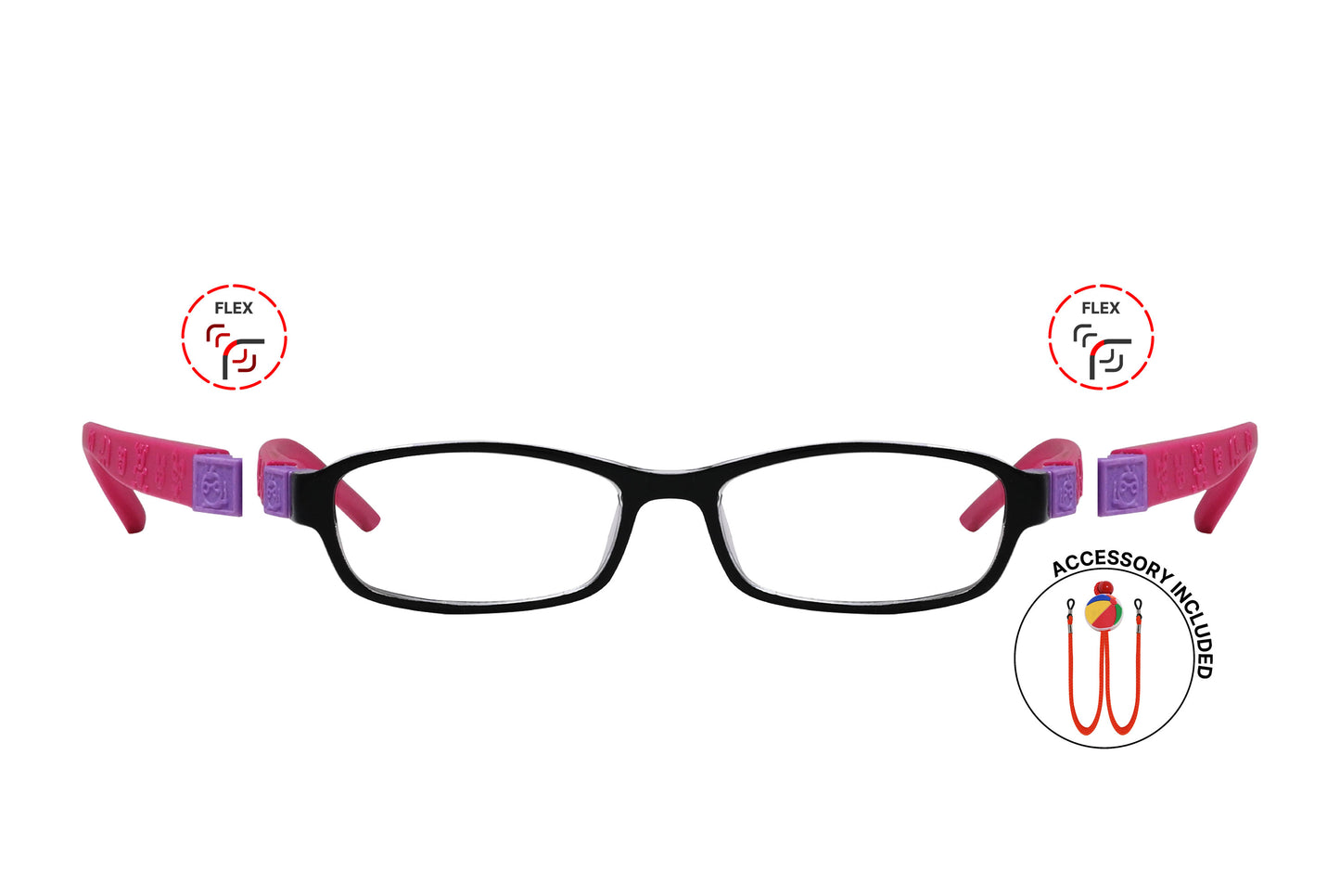 Front view of eyeglasses featuring flexible temples and included accessory for comfort and convenience.