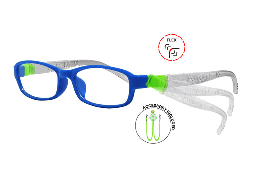 Side view of eyeglasses featuring flexible temples and included accessory for comfort and convenience.