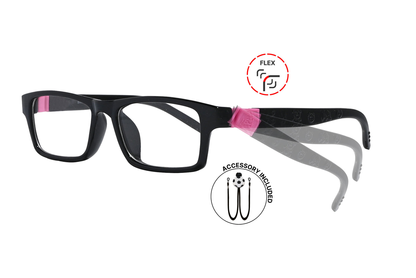 Side view of eyeglasses featuring flexible temples and included accessory for comfort and convenience.