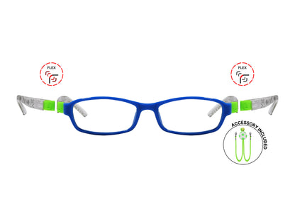 Front view of eyeglasses featuring flexible temples and included accessory for comfort and convenience.