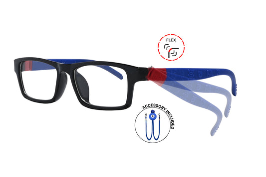 Side view of eyeglasses featuring flexible temples and included accessory for comfort and convenience.