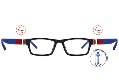 Front view of eyeglasses featuring flexible temples and included accessory for comfort and convenience.