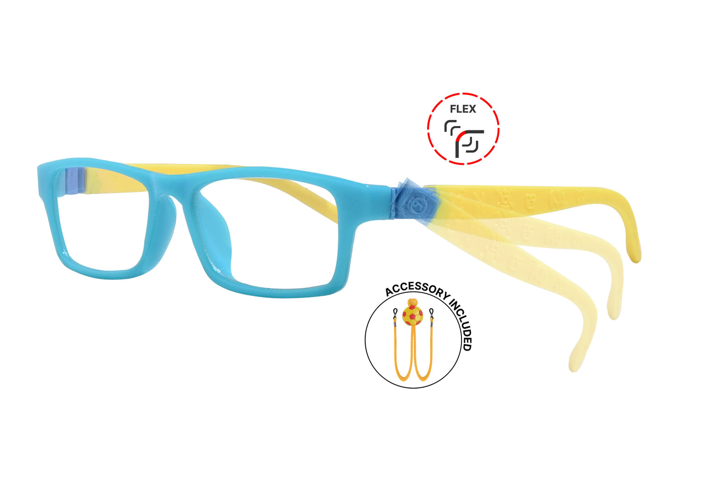 Side view of eyeglasses featuring flexible temples and included accessory for comfort and convenience.