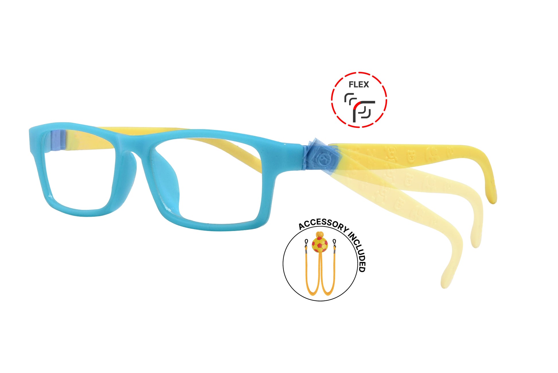 Side view of eyeglasses featuring flexible temples and included accessory for comfort and convenience.