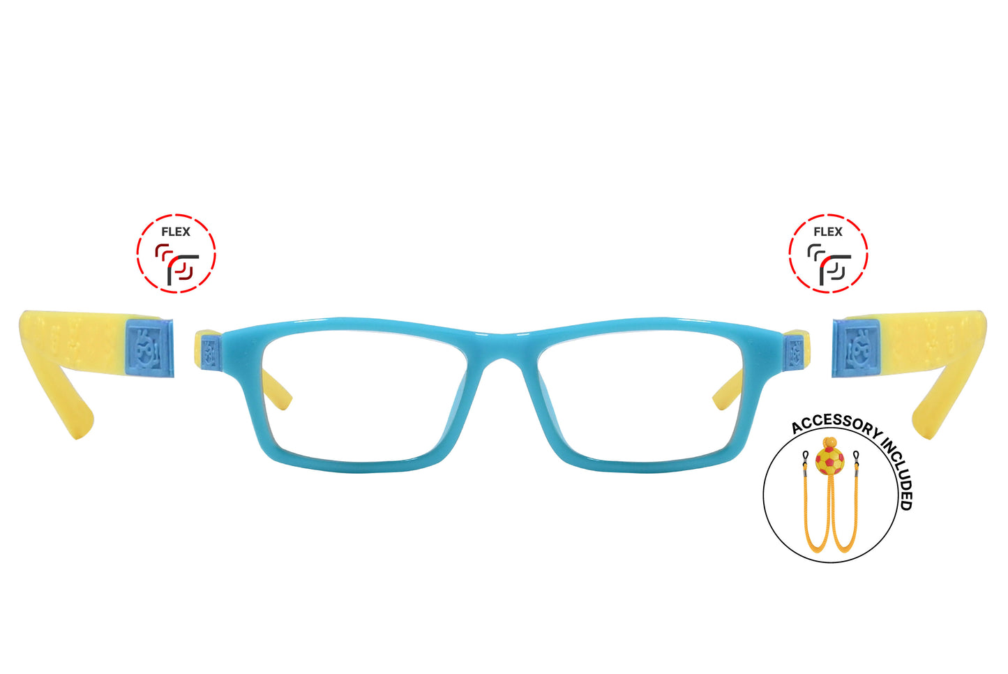 Front view of eyeglasses featuring flexible temples and included accessory for comfort and convenience.