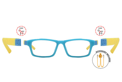 Front view of eyeglasses featuring flexible temples and included accessory for comfort and convenience.