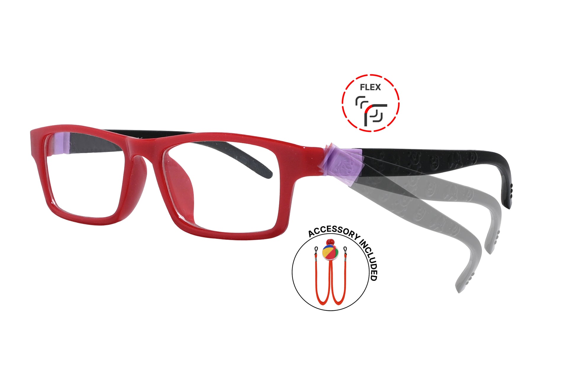 Side view of eyeglasses featuring flexible temples and included accessory for comfort and convenience.