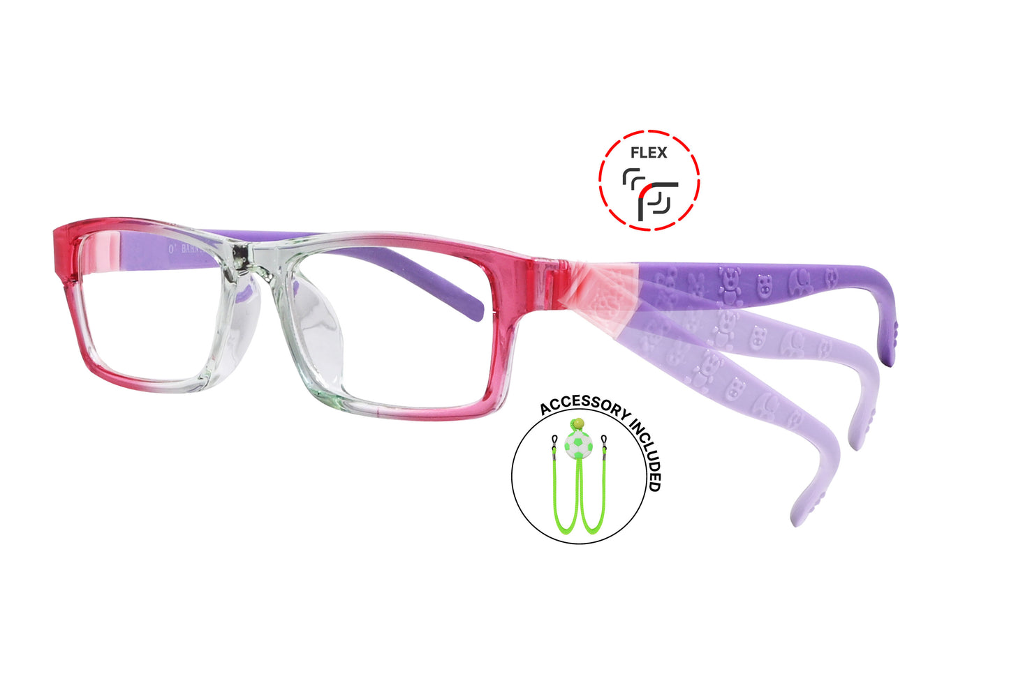 Side view of eyeglasses featuring flexible temples and included accessory for comfort and convenience.