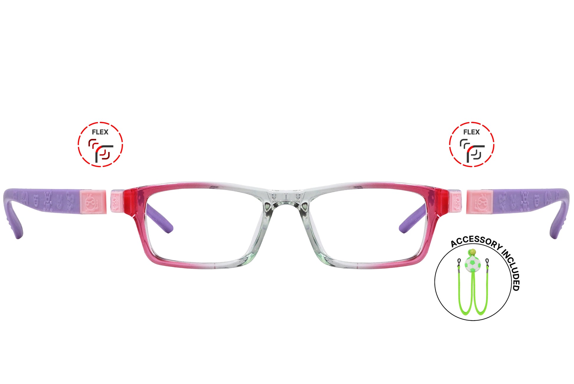 Front view of eyeglasses featuring flexible temples and included accessory for comfort and convenience.