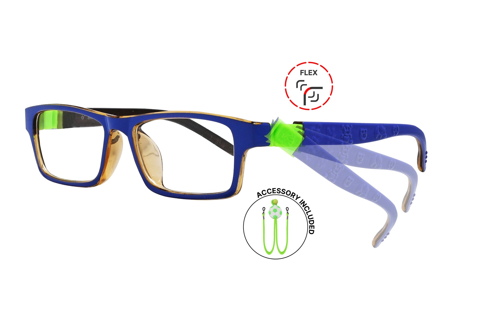 Side view of eyeglasses featuring flexible temples and included accessory for comfort and convenience.