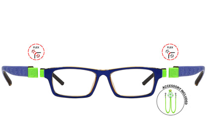 Front view of eyeglasses featuring flexible temples and included accessory for comfort and convenience.