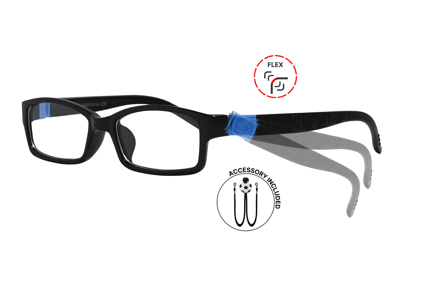 Side view of eyeglasses featuring flexible temples and included accessory for comfort and convenience.