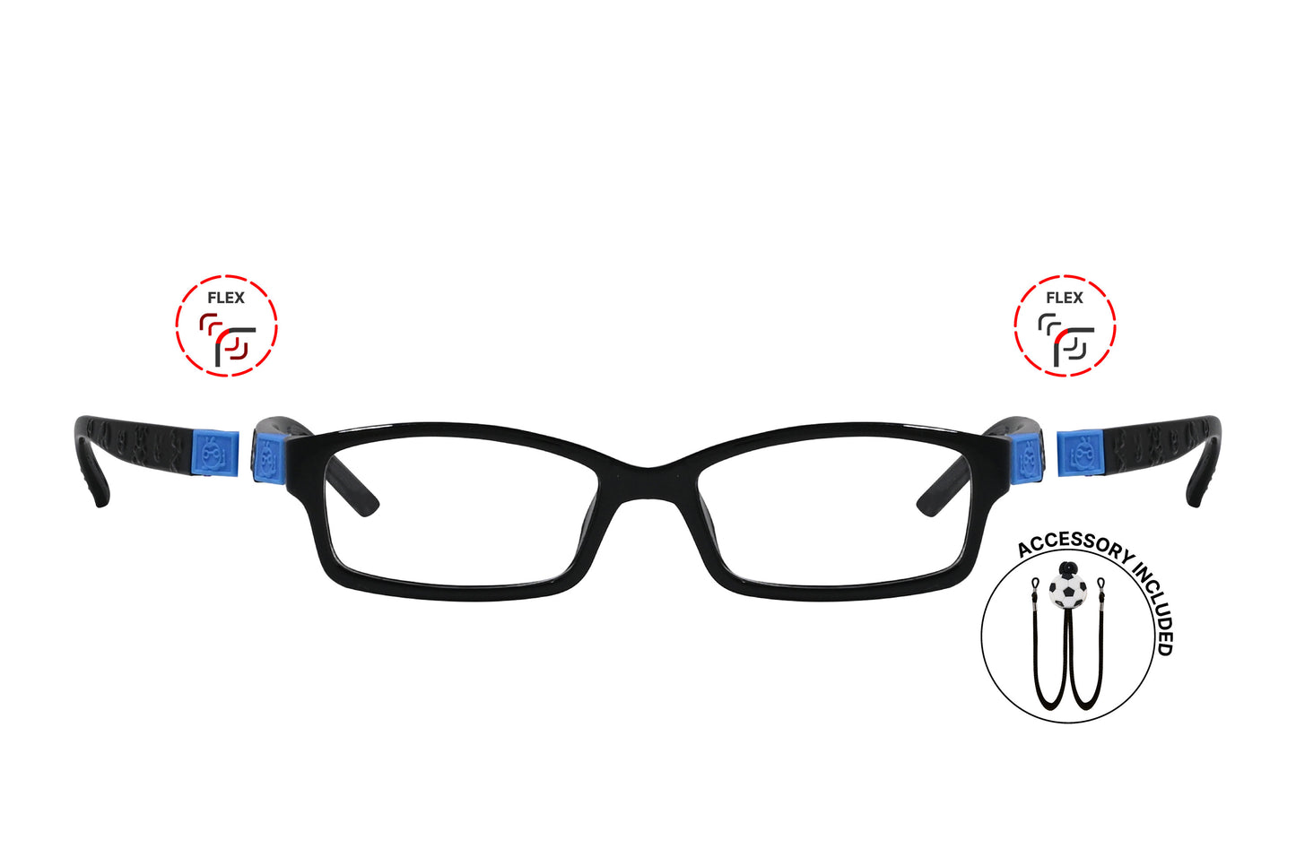 Front view of eyeglasses featuring flexible temples and included accessory for comfort and convenience.