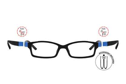 Front view of eyeglasses featuring flexible temples and included accessory for comfort and convenience.