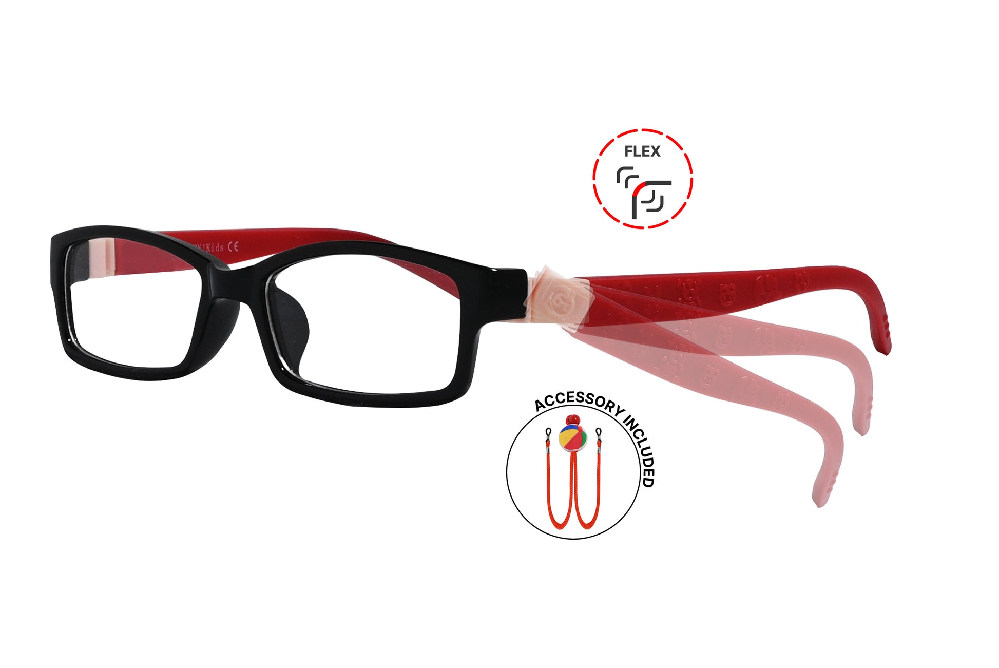 Side view of eyeglasses featuring flexible temples and included accessory for comfort and convenience.