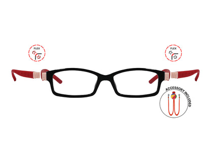 Front view of eyeglasses featuring flexible temples and included accessory for comfort and convenience.