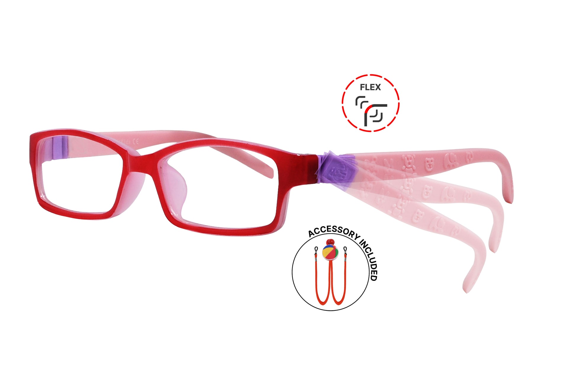 Side view of eyeglasses featuring flexible temples and included accessory for comfort and convenience.