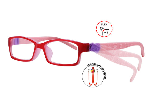 Side view of eyeglasses featuring flexible temples and included accessory for comfort and convenience.