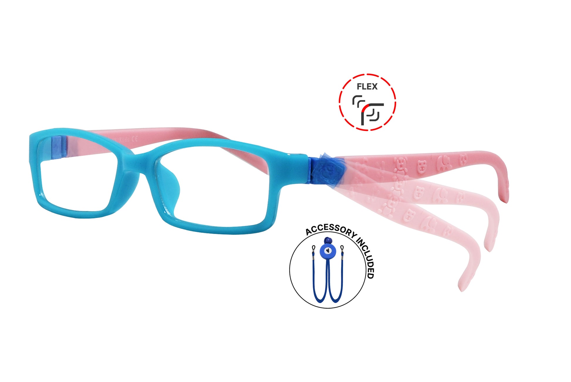 Side view of eyeglasses featuring flexible temples and included accessory for comfort and convenience.